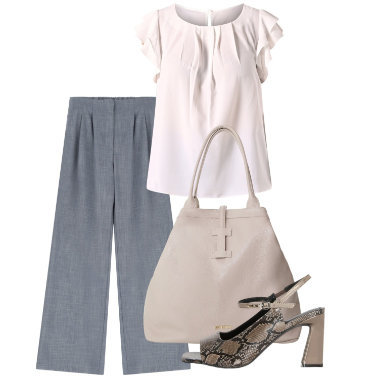 Outfit donna - Pitonata. Stile Chic per Tutti i giorni. Abbinamento con bluse, pantaloni, borse tote, sandali col tacco.