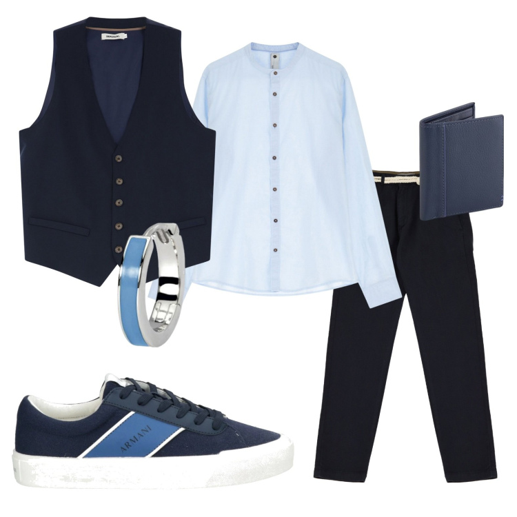 Outfit uomo - Dipinto di blu. Stile Trendy per Ufficio. Abbinamento con sneakers, orecchini, gilet, camicie, pantaloni chino, portafogli.
