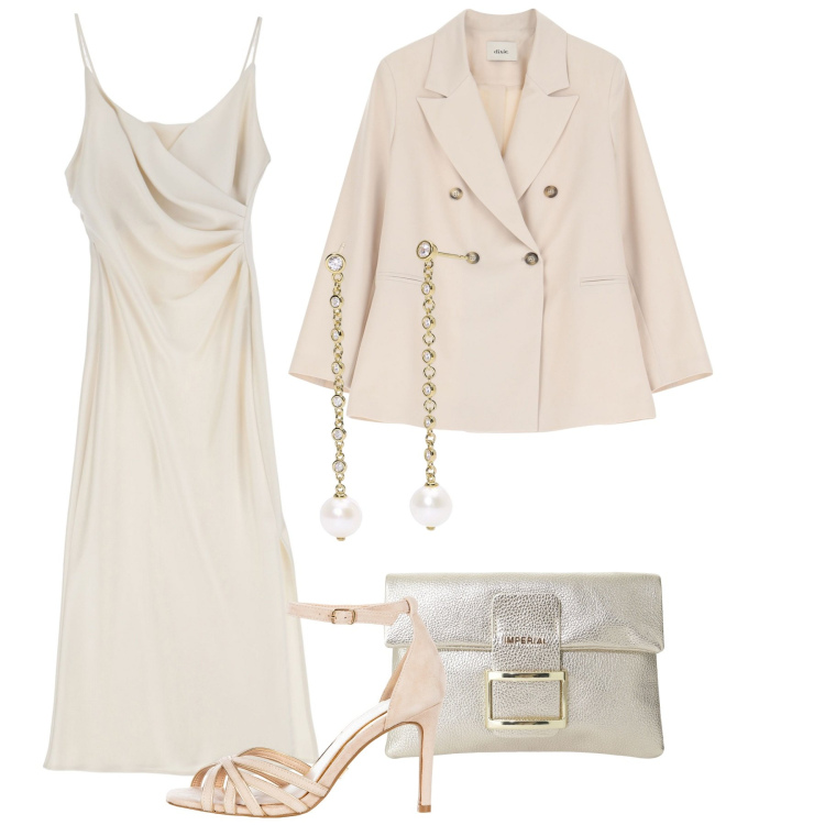 Outfit donna - Cipria e avorio. Stile Chic per Cerimonia. Abbinamento con orecchini, sandali col tacco, vestiti midi/longuette, pochette, blazer.