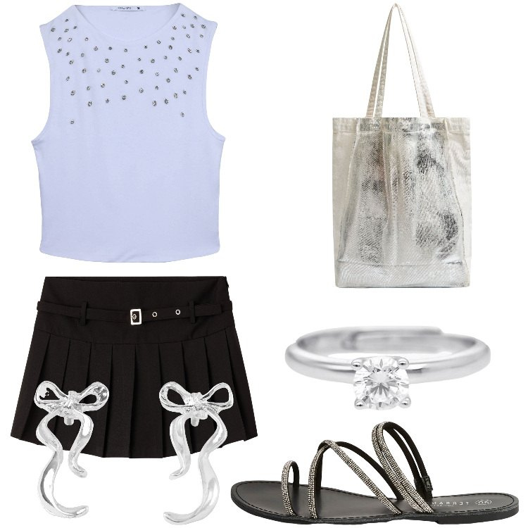 Outfit donna - Terranova ama l\'estate. Stile Casual per Mare. Abbinamento con orecchini, minigonne, top, shopping bag, sandali, anelli.