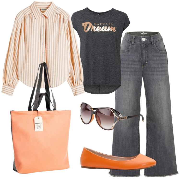 Outfit donna - Orange Dreams. Stile Casual per Tutti i giorni. Abbinamento con maglieria, occhiali da sole, jeans, camicie, ballerine, borse tote.