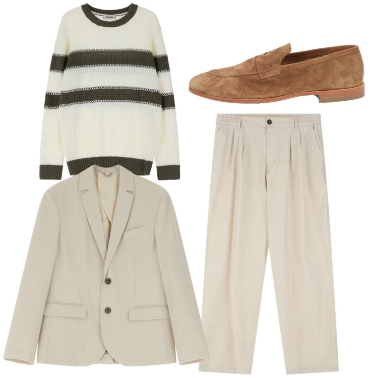 Outfit uomo - Total look. Stile Casual per Tutti i giorni. Abbinamento con scarpe stringate, pantaloni, giacche, maglieria.