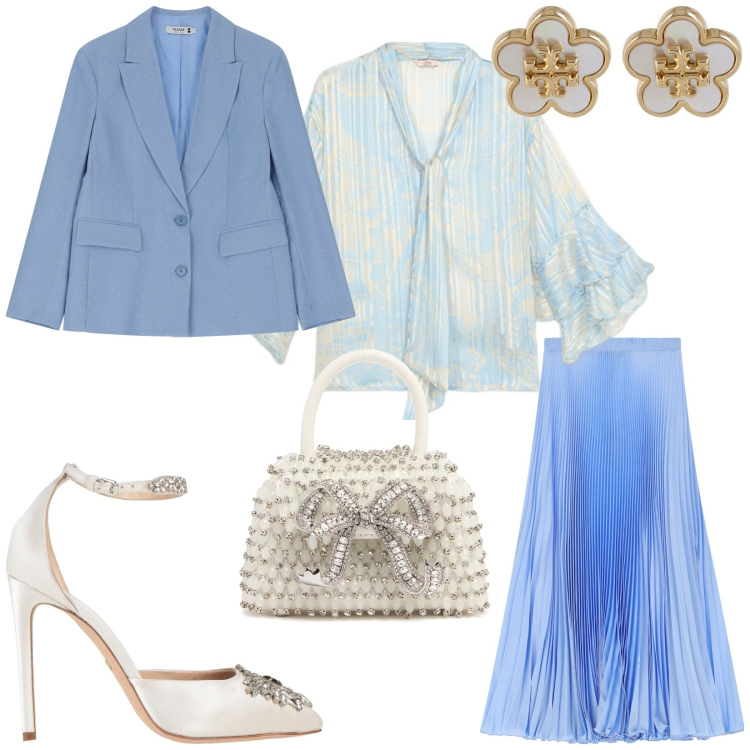 Outfit donna - Cerimonia. Stile Bon Ton per Cerimonia. Abbinamento con décolleté, blazer, gonne lunghe, bluse, orecchini, borse a mano.