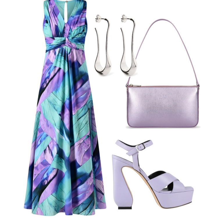 Outfit donna - Serata in viola. Stile Chic per Serata fuori. Abbinamento con sandali in pelle, vestiti lunghi, borse a spalla, orecchini.