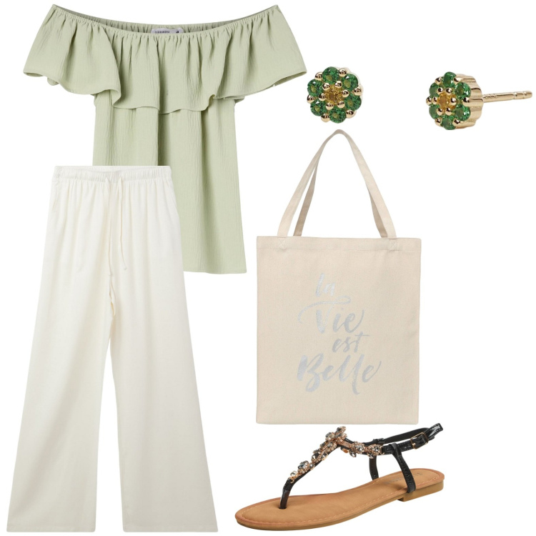 Outfit donna - Total look #2118868. Stile Casual per Mare. Abbinamento con pantaloni, borse tote, bluse, sandali gioiello, orecchini.