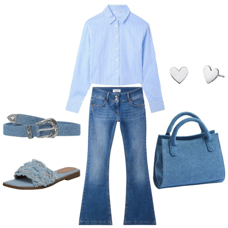 Outfit donna - Passeggio. Stile Casual per Tutti i giorni. Abbinamento con camicie, cinture, jeans, ciabatte, borse a tracolla, orecchini.