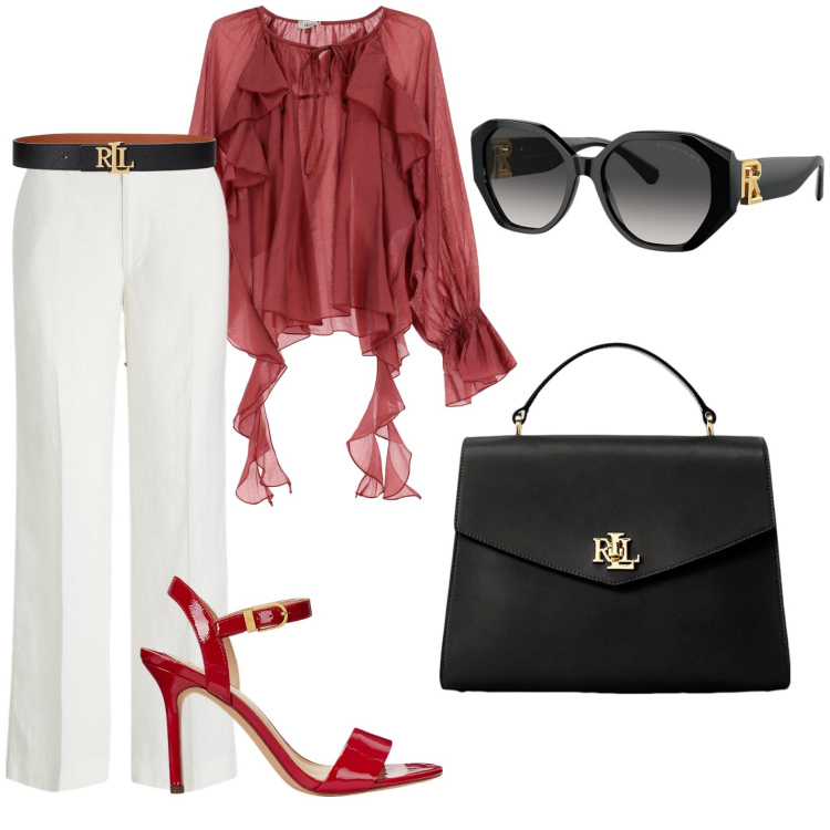 Outfit donna - Total look #2118876. Stile Bon Ton per Cerimonia. Abbinamento con camicie, cinture, borse a mano, occhiali da sole, sandali col tacco, pantaloni.