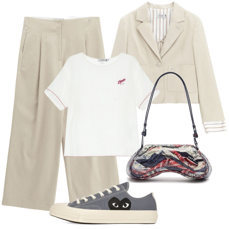 Outfit donna - Please.... Stile Casual chic per Tutti i giorni. Abbinamento con blazer, pantaloni a palazzo, t-shirt, sneakers, borse a tracolla.