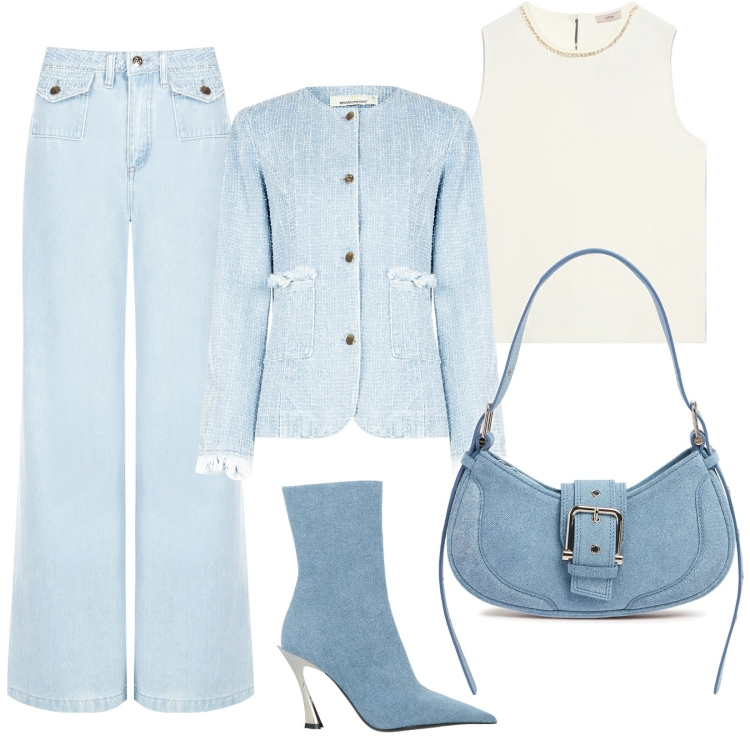 Outfit donna - Eleganza in denim. Stile Casual chic per Ufficio. Abbinamento con stivaletti, blazer, jeans dritti, borse a spalla, top.