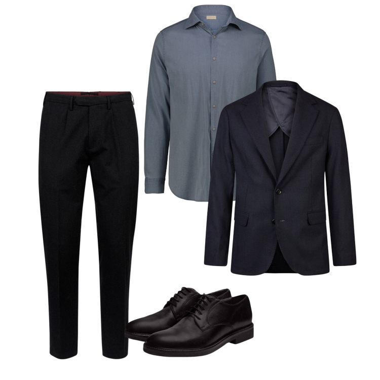 Outfit uomo - Total city. Stile Casual per Ufficio. Abbinamento con giacche, scarpe stringate, pantaloni, camicie.