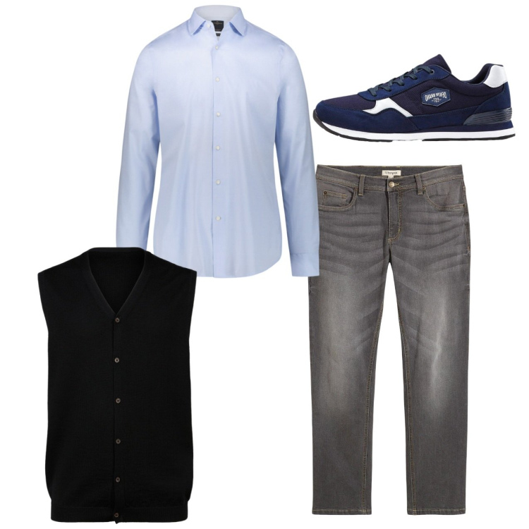 Outfit uomo - Total look. Stile Casual per Tutti i giorni. Abbinamento con jeans dritti, sneakers, camicie, gilet.