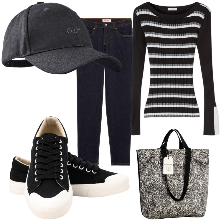 Outfit donna - Picnic. Stile Basic per Tutti i giorni. Abbinamento con jeans mom, cappelli con visiera, borse tote, sneakers, maglieria.
