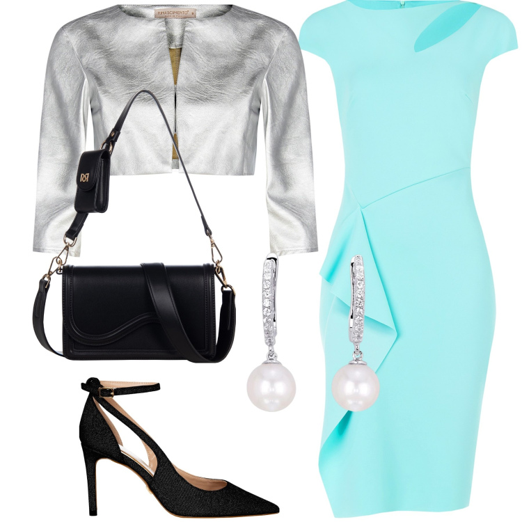 Outfit donna - Cerimonia in Rinascimento. Stile Glamour per Cerimonia. Abbinamento con orecchini, bolero, vestiti a tubino, décolleté, pochette.