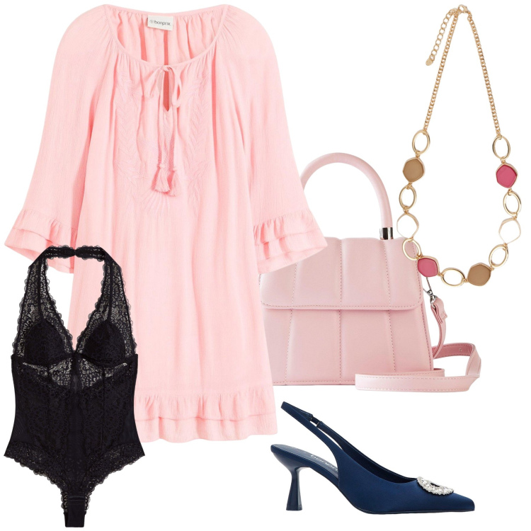 Outfit donna - Boho chic. Stile Boho per Serata fuori. Abbinamento con borse a tracolla, body, vestiti, décolleté, collane.