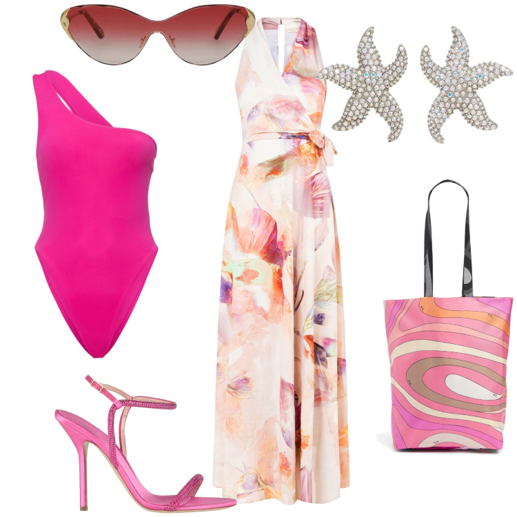Outfit donna - Dal tuffo alla serata. Stile Glamour per Mare. Abbinamento con sandali col tacco, occhiali da sole, orecchini, vestiti lunghi, shopping bag, costumi interi.