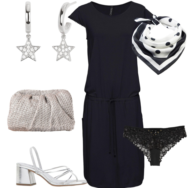 Outfit donna - Semplice sotto le stelle. Stile Chic per Serata fuori. Abbinamento con vestiti midi/longuette, sandali col tacco, culotte, foulard, orecchini, clutch.