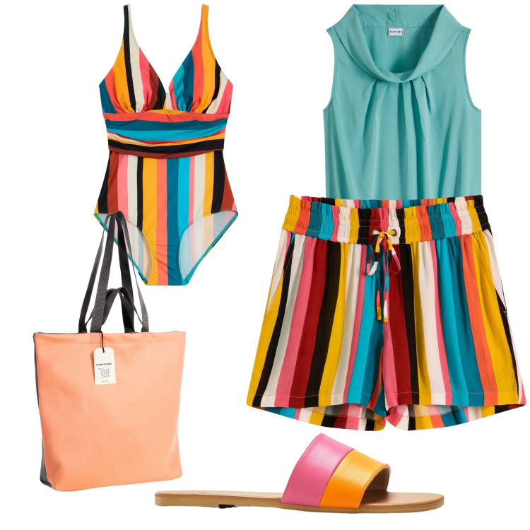 Outfit donna - Arcobaleno in spiaggia. Stile Glamour per Mare. Abbinamento con costumi interi, ciabatte, pantaloni corti, top, borse tote.