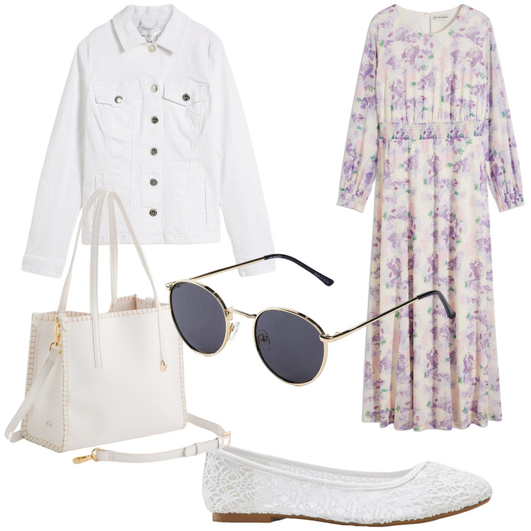 Outfit donna - Comodo primo maggio. Stile Basic per Tutti i giorni. Abbinamento con ballerine, occhiali da sole, blazer, vestiti lunghi, borse a mano.