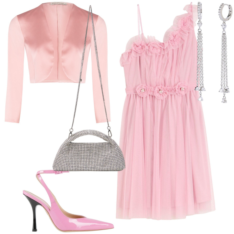 Outfit donna - L invitata più romantica. Stile Romantica per Cerimonia. Abbinamento con vestiti asimmetrici, décolleté, orecchini, bolero, clutch.