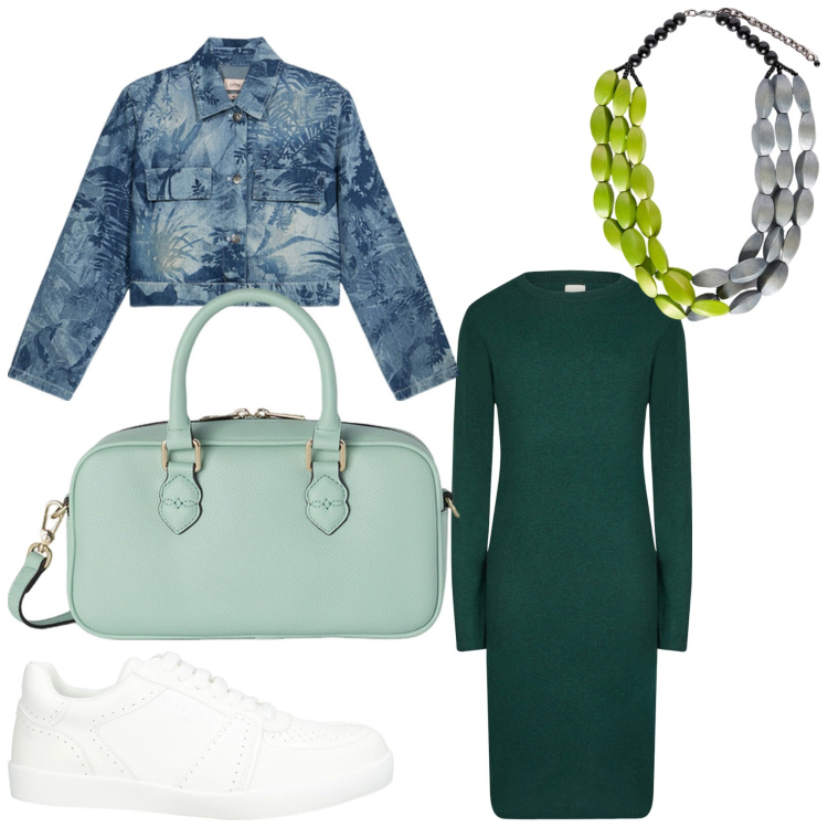 Outfit donna - Tanti verdi. Stile Sporty chic per Ufficio. Abbinamento con sneakers, vestiti midi/longuette, collane, blazer, borse a mano.