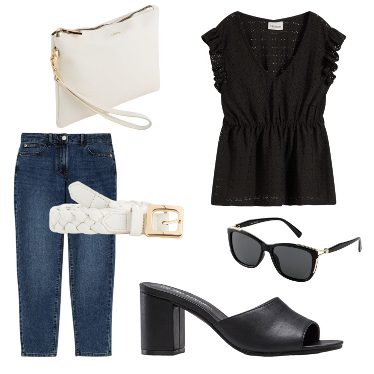 Outfit donna - Black & White. Stile Casual per Ufficio. Abbinamento con occhiali da sole, ciabatte, bluse, jeans slim fit, cinture, pochette.