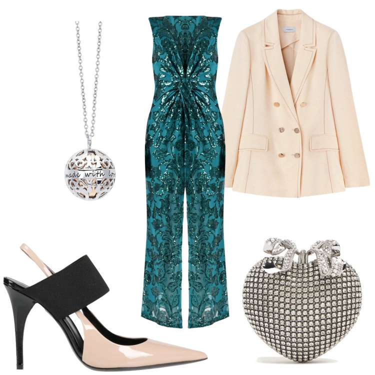 Outfit donna - Total look #2118935. Stile Glamour per Cerimonia. Abbinamento con décolleté, collane, vestiti lunghi, pochette, blazer.