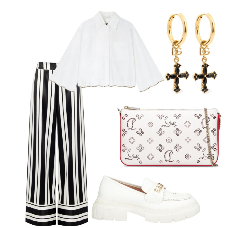 Outfit donna - In bianco e nero. Stile Bon Ton per Tutti i giorni. Abbinamento con mocassini, pantaloni a palazzo, orecchini, camicie, borse a spalla.