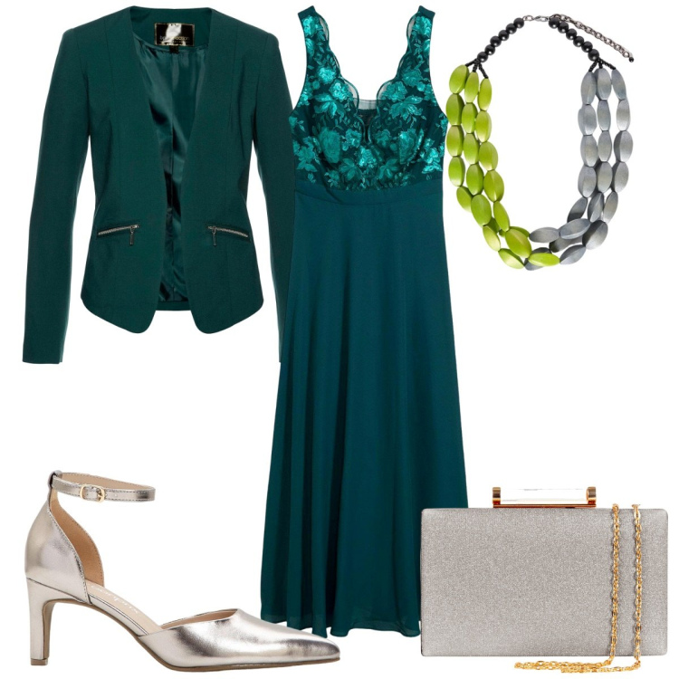 Outfit donna - Total look #2118938. Stile Romantica per Cerimonia. Abbinamento con blazer, vestiti lunghi, décolleté, clutch, collane.