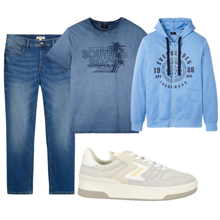 Outfit uomo - Total look #2118939. Stile Casual per Tutti i giorni. Abbinamento con jeans dritti, felpe con cappuccio, t-shirt, sneakers.