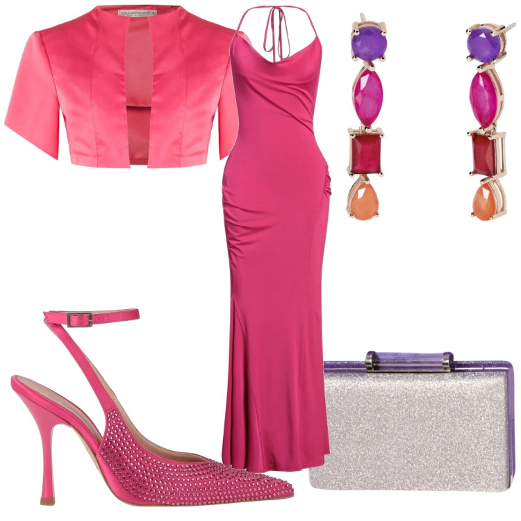 Outfit donna - Total look #2118940. Stile Glamour per Cerimonia. Abbinamento con décolleté, vestiti lunghi, orecchini, pochette, bolero.