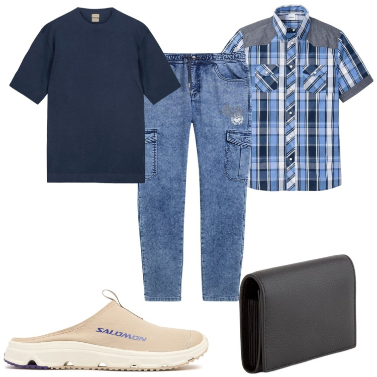 Outfit uomo - Total look #2118943. Stile Trendy per Tutti i giorni. Abbinamento con camicie a manica corta, jeans, sneakers, t-shirt, portafogli.