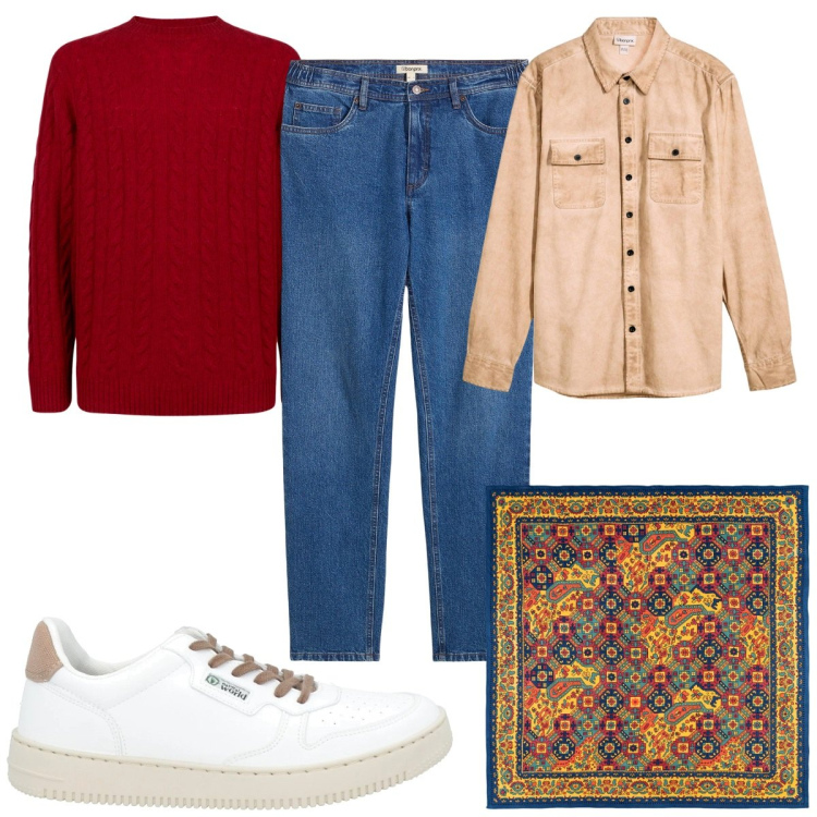 Outfit uomo - Total look #2118953. Stile Trendy per Tutti i giorni. Abbinamento con jeans dritti, camicie, sneakers, maglieria, sciarpe e foulard.