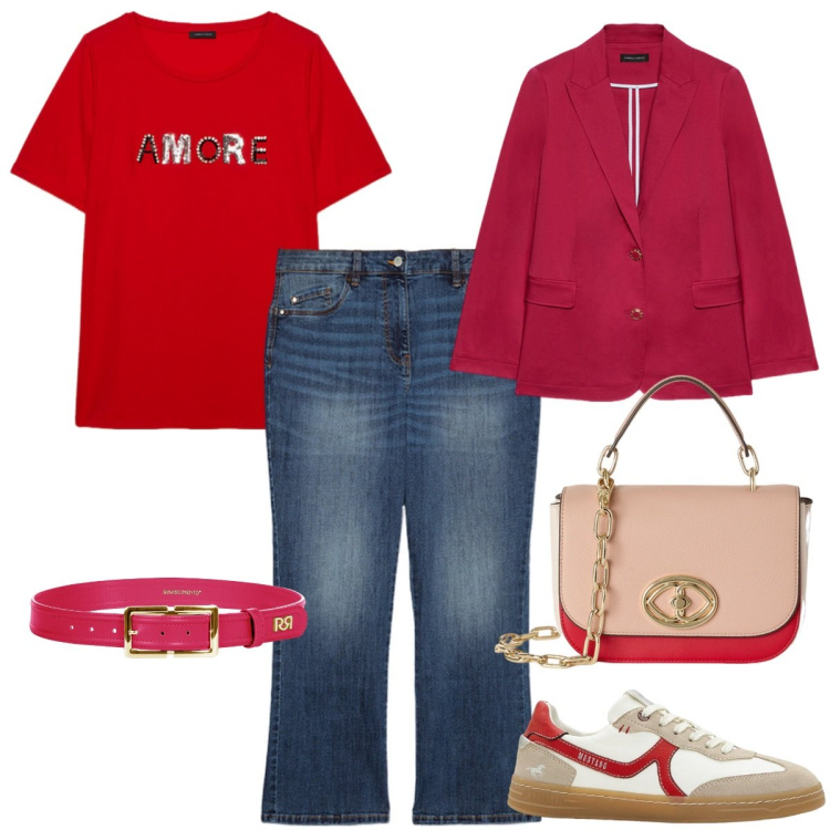 Outfit donna - Total look #2118964. Stile Casual chic per Tutti i giorni. Abbinamento con sneakers, cinture, t-shirt, blazer, jeans, borse a tracolla.