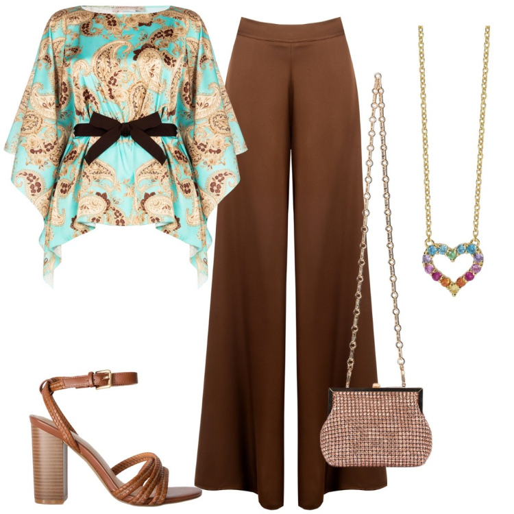 Outfit donna - Cerimonia informale. Stile Casual chic per Cerimonia. Abbinamento con bluse, pantaloni a palazzo, collane, clutch, sandali col tacco.