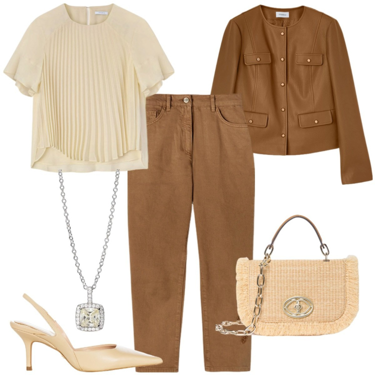 Outfit donna - Cerimonia informale -evento speciale. Stile Casual chic per Cerimonia. Abbinamento con collane, décolleté, bluse, pantaloni chino, blazer, borse a tracolla.