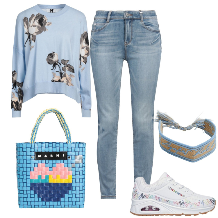 Outfit mujer - Basic #2271. Estilo Basic para Todos los días. Combinación con sneakers, jerséis, pulseras, vaqueros slim fit, bolsos de mano.
