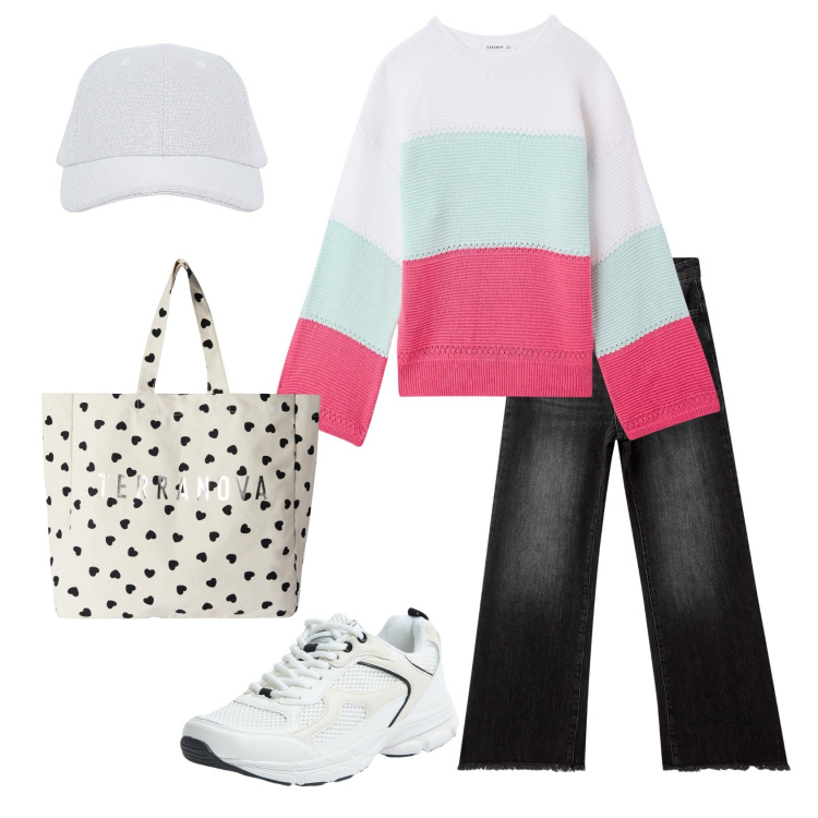 Outfit donna - Ponte del primo maggio. Stile Casual per Tutti i giorni. Abbinamento con maglieria, cappelli con visiera, sneakers, borse tote, jeans.