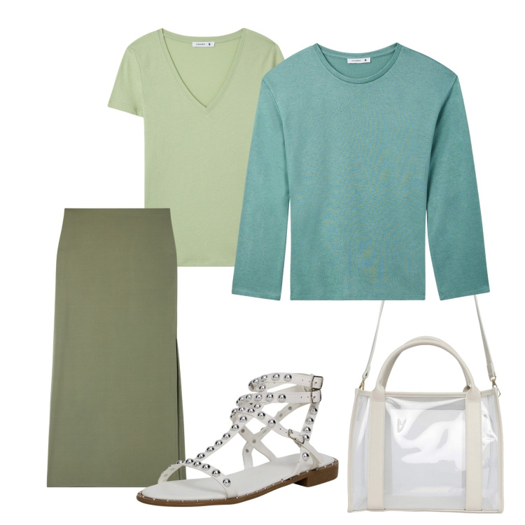 Outfit donna - Total look #2118991. Stile Casual per Tutti i giorni. Abbinamento con gonne lunghe, maglieria, borse tote, t-shirt, sandali.