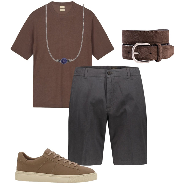 Outfit uomo - Grigio e marrone. Stile Trendy per Tutti i giorni. Abbinamento con sneakers, collane, bermuda, cinture, t-shirt.
