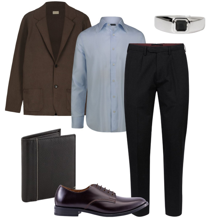 Outfit uomo - Un incontro di lavoro. Stile Business/Elegante per Ufficio. Abbinamento con anelli, pantaloni, scarpe stringate, camicie, cardigans, portafogli.