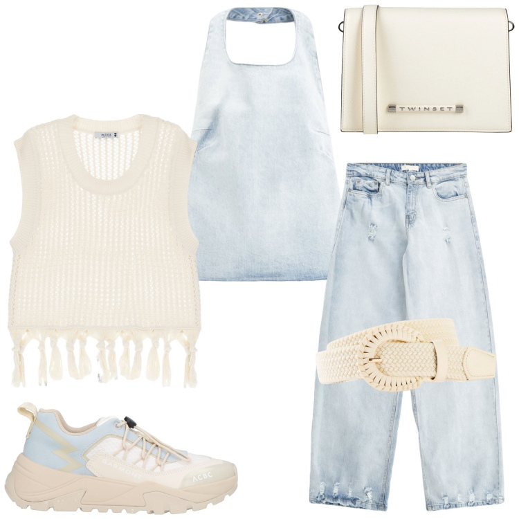 Outfit donna - Casual style. Stile Casual chic per Serata fuori. Abbinamento con cinture, borse a tracolla, sneakers, canottiere, maglieria, jeans.