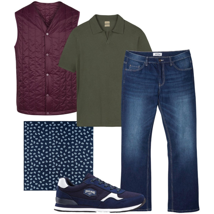Outfit uomo - Lo smanicato bordeaux. Stile Urban per Tutti i giorni. Abbinamento con sneakers, jeans bootcut, piumini, sciarpe e foulard, polo.