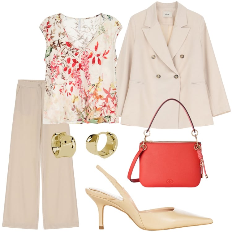 Outfit donna - Bantoa - Cerimonia con stile. Stile Chic per Cerimonia. Abbinamento con orecchini, décolleté, top, pantaloni, blazer, borse a tracolla.