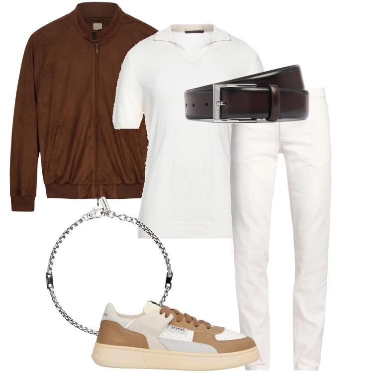 Outfit uomo - Non solo bianco. Stile Trendy per Tutti i giorni. Abbinamento con pantaloni, pullovers, sneakers, braccialetti, giacche, cinture.