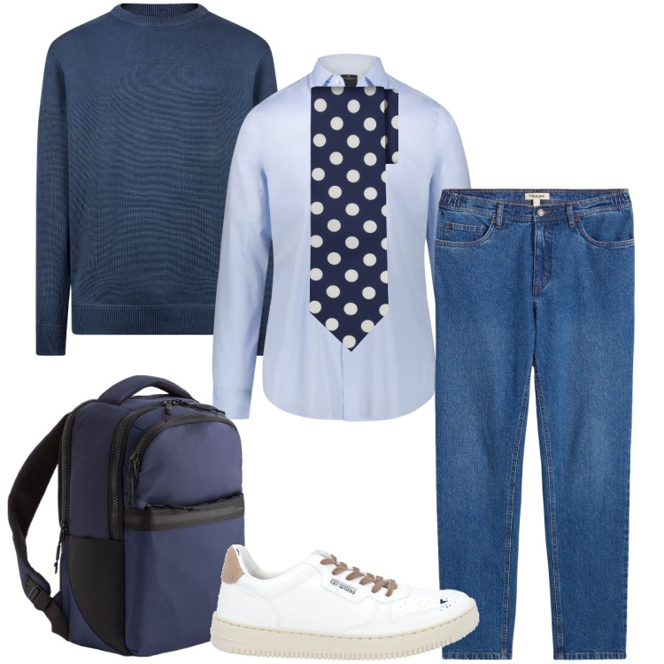 Outfit uomo - In ufficio. Stile Business/Elegante per Ufficio. Abbinamento con jeans dritti, sneakers, camicie, maglieria, cravatte, borse sportive.