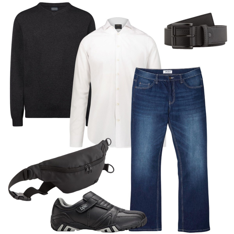Outfit uomo - I mocassini/sneakers. Stile Business/Elegante per Ufficio. Abbinamento con scarpe stringate, jeans bootcut, camicie, maglieria, cinture, borse sportive.
