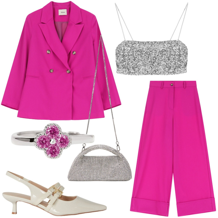 Outfit donna - Bantoa - Cerimonia con stile. Stile Chic per Cerimonia. Abbinamento con top, pantaloni a palazzo, blazer, anelli, décolleté, clutch.