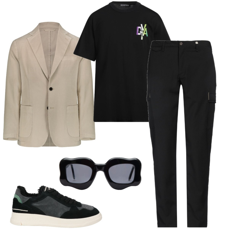 Outfit uomo - Gli occhiali da sole trendy. Stile Trendy per Cerimonia. Abbinamento con pantaloni cargo, sneakers, t-shirt, giacche, occhiali da sole.