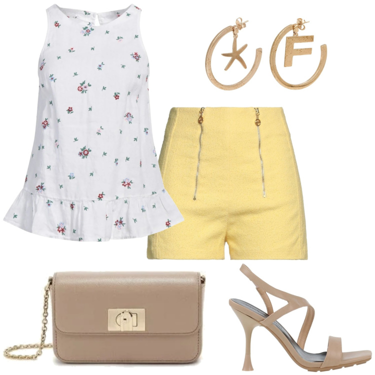 Outfit mujer - Preppy #370. Estilo Preppy para Noche/Fiesta elegante. Combinación con sandalias de piel, bermudas, bandoleras, top, pendientes.
