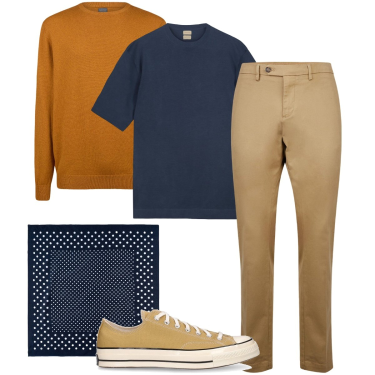 Outfit uomo - Blu e arancione. Stile Urban per Ufficio. Abbinamento con pantaloni chino, sciarpe e foulard, maglieria, t-shirt, sneakers.